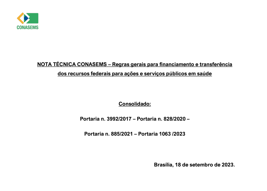 CONASEMS – Nota Técnica sobre as regras gerais para financiamento e transferência dos recursos federais para ações e serviços públicos em saúde